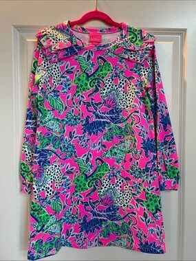 Lilly Pulitzer Hot Pink Tropical Print Dress with Green & Navy Accents